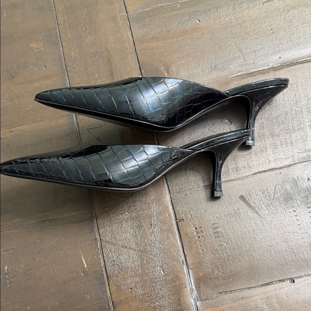 Retrofete Black Croc-Embossed Pointed Mule Heels, Italian